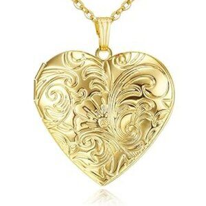 Gold Tone Metal Heart Locket Necklace Embossed 18" Chain